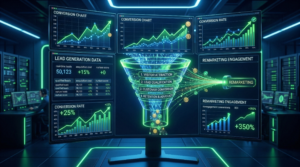 lead-generalo-muszerfal-adatvezelt-marketing-konverzio-grafikon-es-3d-tolcser-vizualizacio